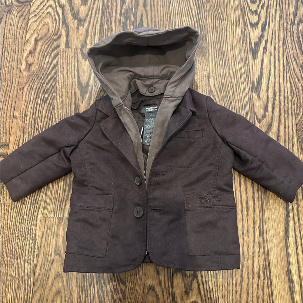 Baby Boy 12M Kenneth Cole Reaction Brown Suede Removable Hood Pea Coat Blazer